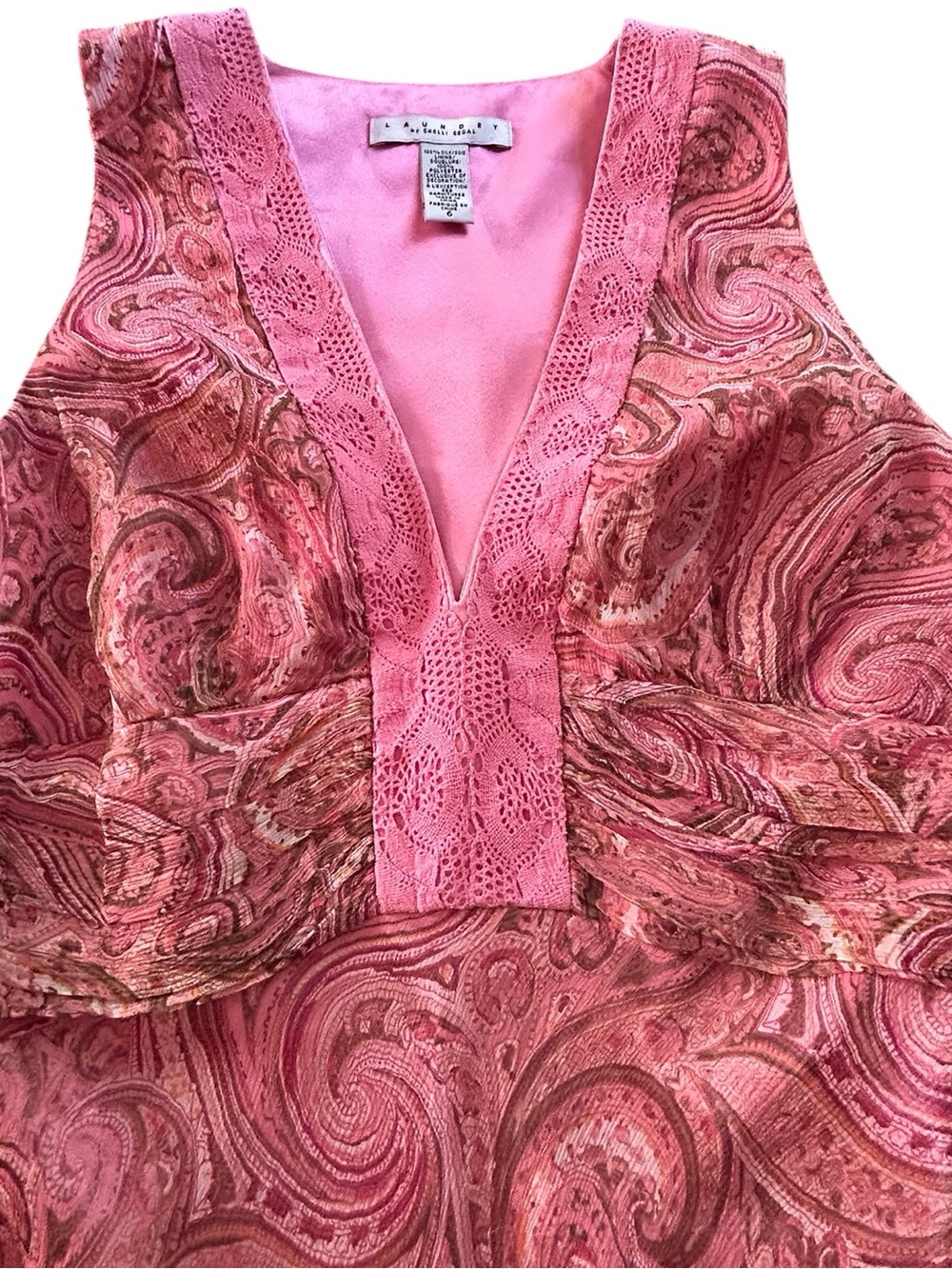 Laundry By Shelli Segal 100% Silk Pink Paisley V-Neck Sleeveless Midi Dress SZ6 - Picture 5 of 13